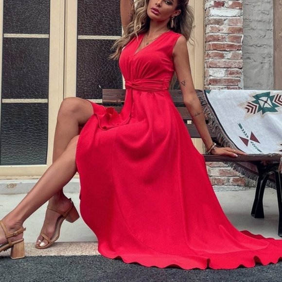 RED High Low Hem Twist Waist Maxi Dress - Picture 5 of 8